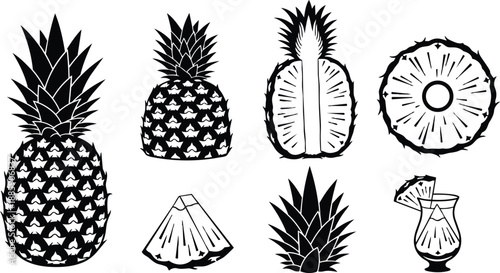 Line art vector pineapple collection whole halved slice ring wedge tropical cocktail glass top view close up studio style bold black illustration decorative minimal stencil icons