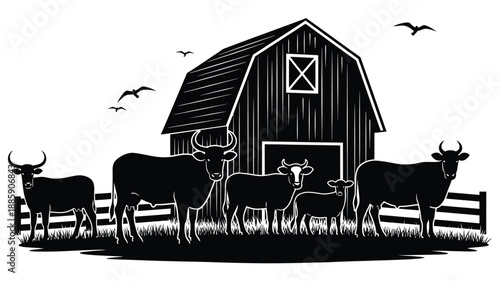 a black and white farm scene with barn cattle and deer silhouette