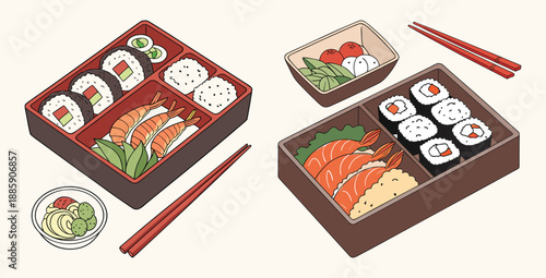 Delightful assortment of traditional Japanese bento boxes filled with delicious sushi rolls shrimp tempura and accompanying side dishes ready for enjoyment