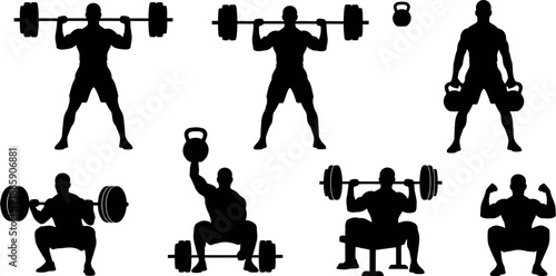Silhouette of various weightlifting exercises and poses