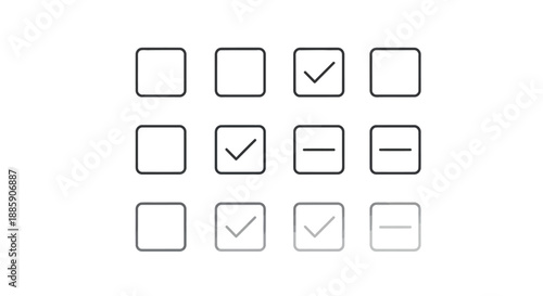 A clean set of user interface checkbox icons displaying various states like unchecked checked or indeterminate options for selection forms