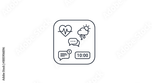 Outline drawing of a modern smartwatch interface displaying health monitoring weather notifications and time on a contrasted background