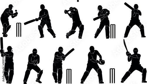 Cricket player silhouettes in various batting and playing positions