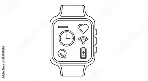 Outline vector icon representing a modern smartwatch interface displaying essential fitness and connectivity metrics like time heart rate wifi and battery status