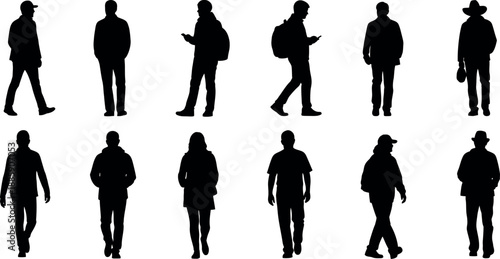 Collection of diverse human silhouettes in various poses and attire