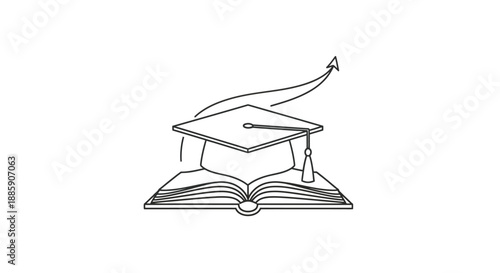 Simple line art icon depicting a graduation cap resting upon an open book suggesting academic achievement and upward career trajectory growth