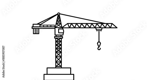 Black and white line art icon representing a stationary tower crane essential for heavy lifting operations on a large construction site development project