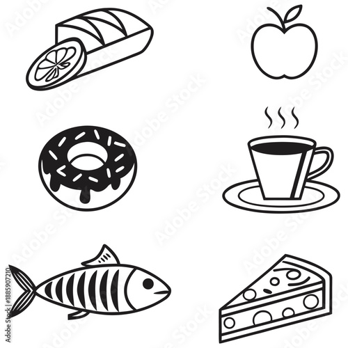 Collection of stylized black and white food icons representing various meal choices including baked goods fruit fish beverages and savory pizza slices