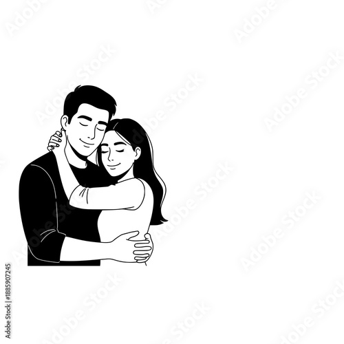 Valentine's Days Couple Embracing in Black and White Illustration