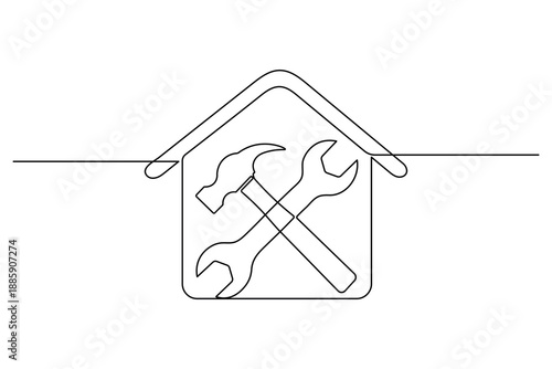 Hammer and wrench in house outline continuous one line drawing of minimal outline vector illustration
