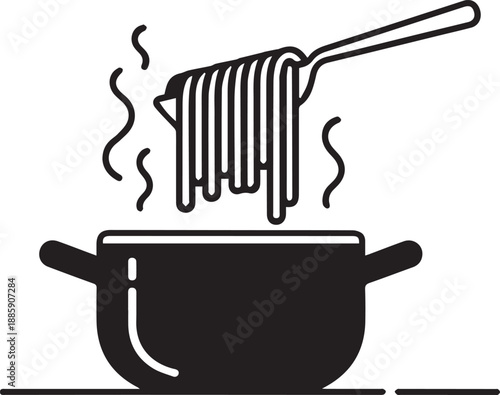 Pasta being lifted from a steaming hot pot with a fork