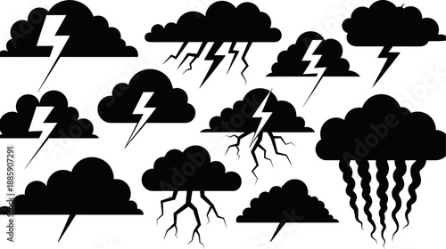 Collection of stormy weather icons with lightning and rain