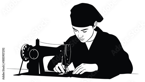 a woman operating a vintage sewing machine detailed illustration silhouette