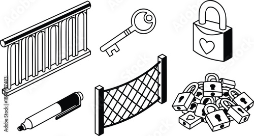 Isometric line art close up set of padlocks key fence marker pen and railing top view black outline security concept minimal collection isolated net post heart
