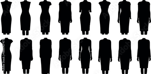 Collection of 16 black silhouette figures in two rows