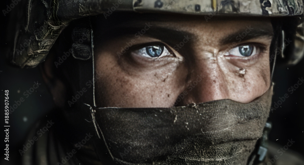 Fototapeta premium Close-up of a soldier's face wearing a helmet and a dirty camouflage mask