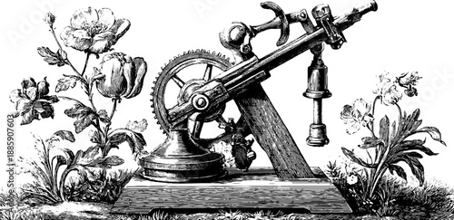Vintage inclined plane mechanical study with botanical elements - engraved design for historical education and art