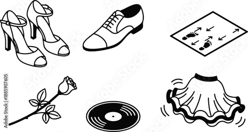 Line art vector icon set showing high heels mens dress shoe spinning skirt vinyl record rose footprints practice mat dance instruction top view minimal iconography isolated