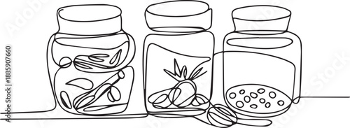 Three jars of pickled vegetables on a shelf with a fork holding some