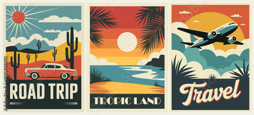 Mid-century modern retro travel posters set illustration featuring a red classic car in the desert, tropical beach with palm trees, and a blue airplane in the sky, bold colors.