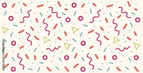 Seamless abstract pattern featuring a playful scattering of vibrant confetti shapes including circles rods wavy lines triangles and dots on a light background for celebration