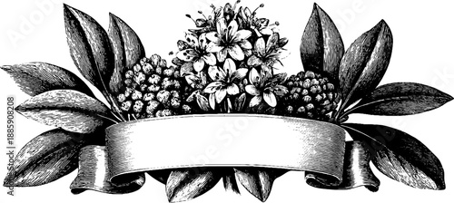 Vintage heraldic badge with blank centre and botanical engraving design for cards and posters