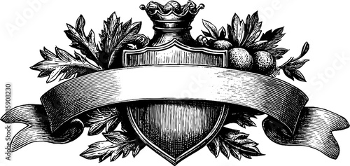 Vintage heraldic shield with botanical ribbon design for labels and decor