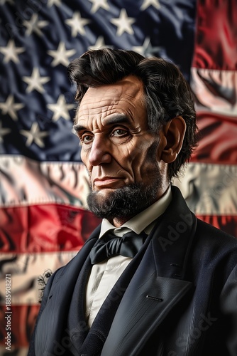 Abraham Lincoln is shown in a formal pose, highlighting his distinctive features