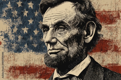 Portrait of Abraham Lincoln in front of a backdrop of the United States flag showcasing his leadership and legacy