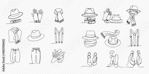 Set of continuous line drawings of vintage fashion accessories including hats, gloves, scarves, and suspenders.
