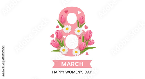 Celebrating women's day on 8 march with flowers and hearts