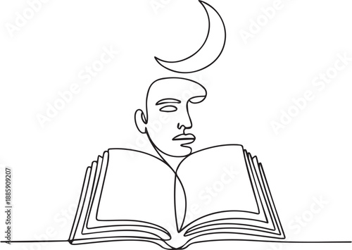 A person reads a book under the night sky with a crescent moon shining above