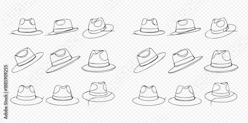 Set of hand-drawn fedora hats in various angles, black and white outline illustration.