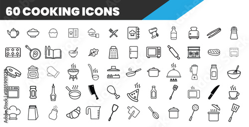 Kitchen and Cooking Line Icon Set Featuring Chef, Restaurant, Cafe, Cooking Class, Food, Drink and Catering Icons – Editable Stroke Vector