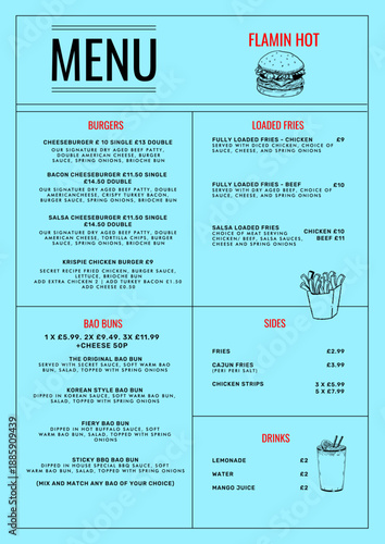 Food menu design for Flaming hot grill restaurant