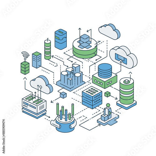 Isometric illustration of a complex digital network infrastructure with interconnected servers, databases, and cloud computing elements showing data flow.