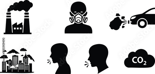Flat design grid of air pollution icons showing factory smokestack masked person and car exhaust with city skyline coughing silhouettes co two cloud vector set minimal