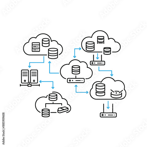 A detailed line art illustration of a complex cloud computing network architecture with interconnected servers, databases, and data flow.