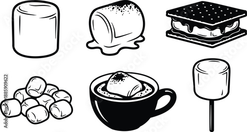 Line art close up marshmallow and smores icon set with toasted marshmallow stick cup of hot chocolate and melting detail bold vector black and white simple playful