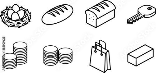 Line art isometric icon set nest with eggs loaf sliced bread key coin stacks shopping bag and brick simple outline vector with minimal monochrome