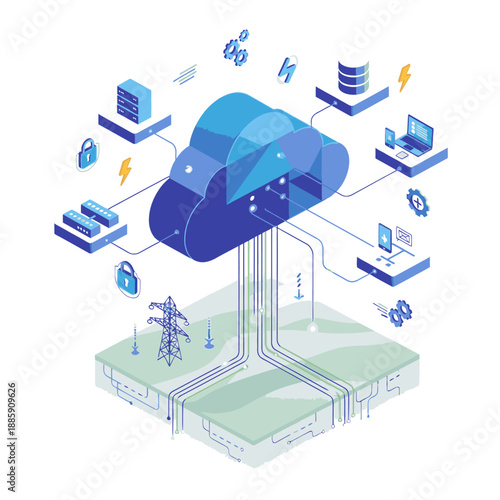 Isometric illustration of cloud computing infrastructure connecting various digital devices and physical power sources.