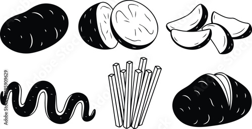 Line art vector set of potato whole and sliced rounds and wedges with stacked fries and sauce squiggle close up top view food icons minimalist monochrome