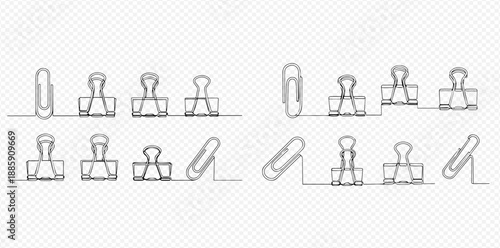 Continuous line drawing of office paper clips and binder clips on a transparent background.