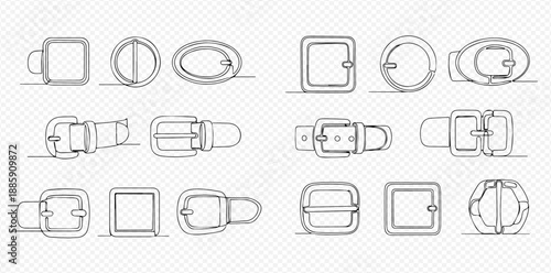 Set of hand-drawn belt buckles in various shapes and styles, continuous line art.