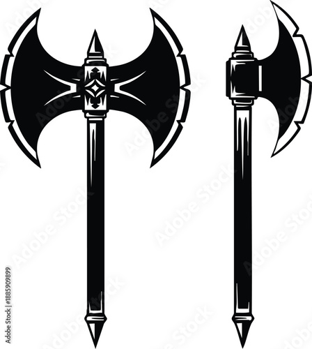 Two black double headed axes with long handles and sharp blades