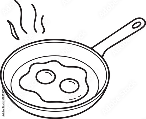 Fried eggs cooking in a pan on a stovetop viewed from above