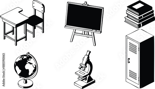 Isometric vector set of school icons showing desk and chair chalkboard stack of books globe microscope and locker in minimal black and white line art overhead