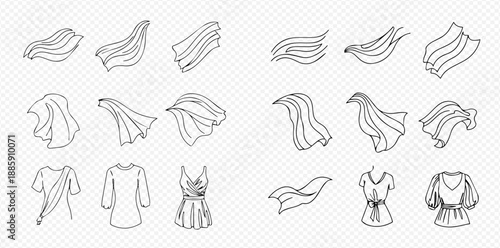 Set of hand-drawn illustrations of flowing fabric, clothing, and drapery in motion, isolated on a transparent background.