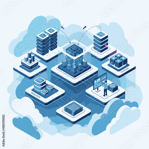 A detailed isometric illustration of cloud computing infrastructure with interconnected data centers and various services.