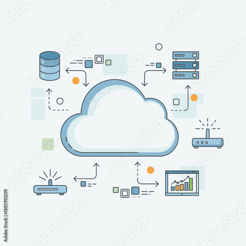 A detailed description of cloud computing infrastructure with data flow and network devices.